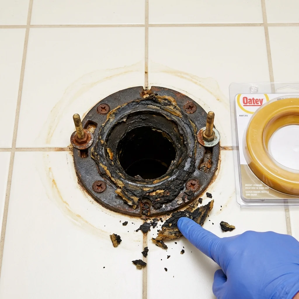 Failed wax ring showing water seepage at the base of a toilet in a Pagosa Springs, CO home
