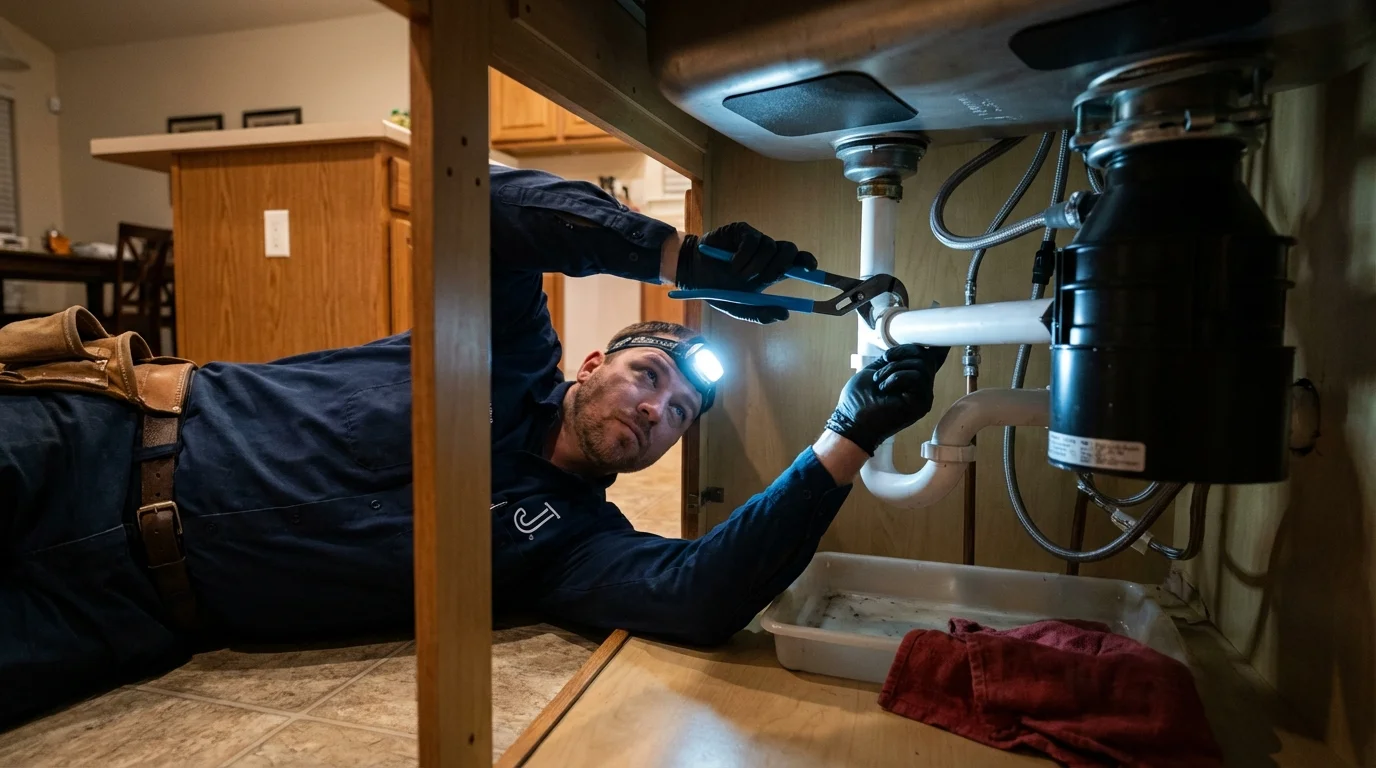 P-trap and supply line connections under a kitchen sink showing a common leak point in Pagosa Springs, CO